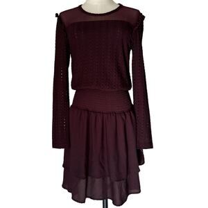 Formal Red Dress Short Mesh Ruffle Elastic Waist Women’s Size M Long Sleeve